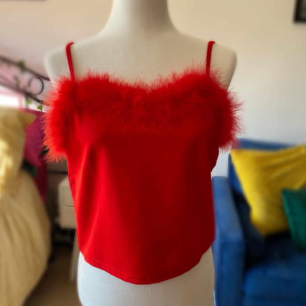 Red Cropped Tank with Fuzzy Neckline